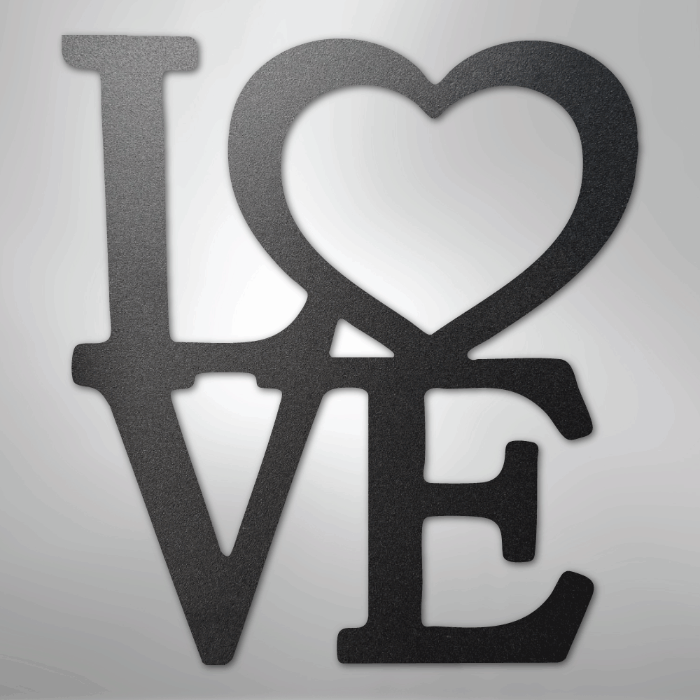 Black powder coated laser-cut metal LOVE wall sign with heart cutout — 16 gauge mild steel indoor outdoor home decor, available in multiple sizes, ideal as a wedding gift or Valentine's Day wall art.