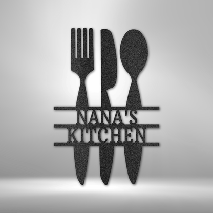 Personalized metal kitchen monogram sign with fork knife spoon design custom family name wall decor in black powder coated steel