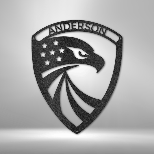 Personalized American Eagle Shield Metal Sign with customizable family name, featuring patriotic stars and eagle design in powder coated black 16-gauge steel for indoor or outdoor display