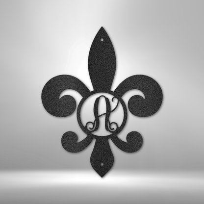 "Custom fleur-de-lis monogram metal wall art with personalized initial in black powder coated steel finish"