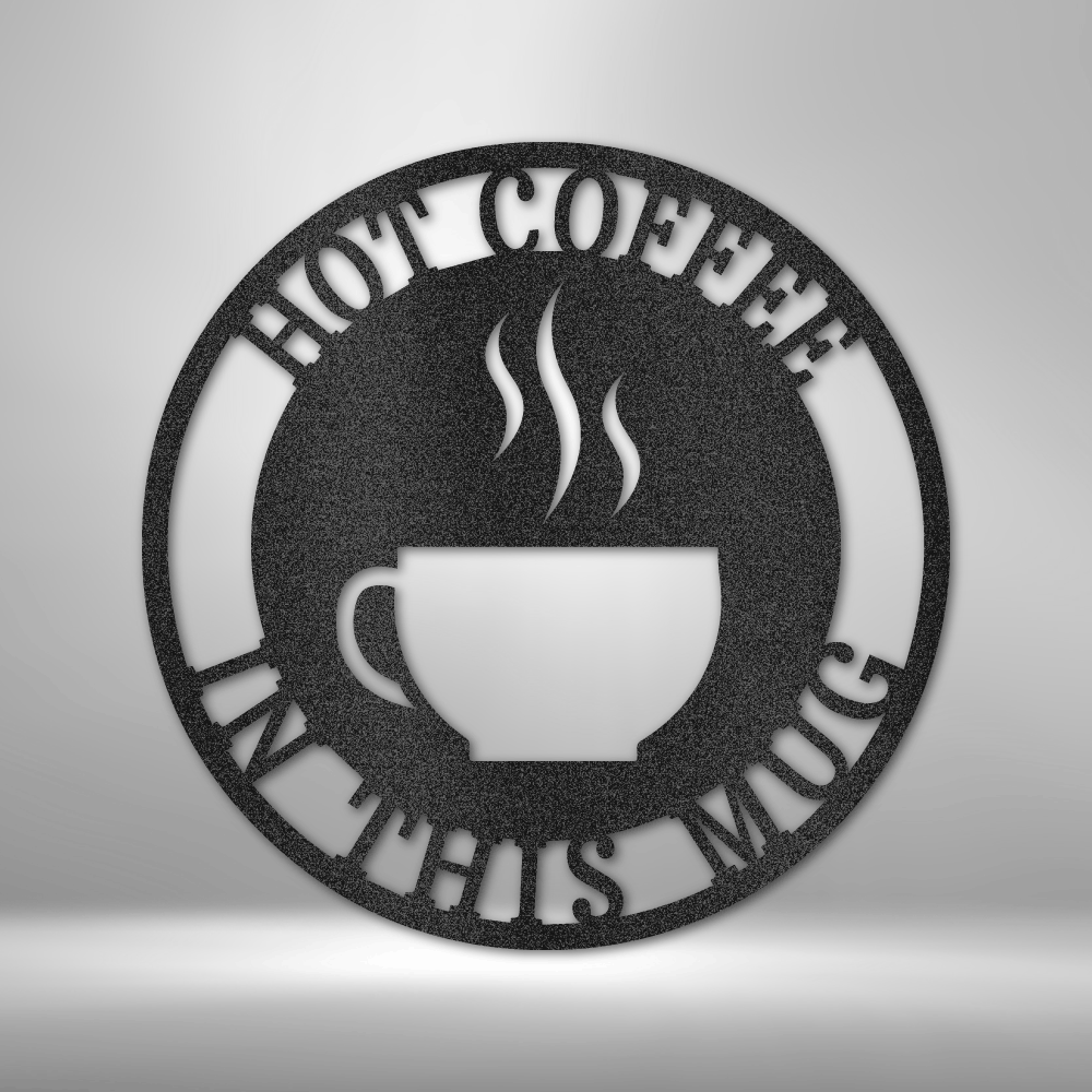 Circle coffee sign made from laser cut mild steel with powder coating, featuring text for coffee station and kitchen decoration