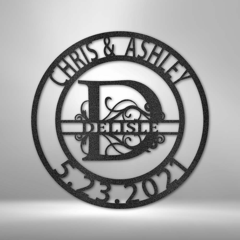 A beautifully crafted personalized metal sign featuring a split letter monogram, three customizable text lines, and intricate detailing—perfect for home décor, weddings, and special gifts.