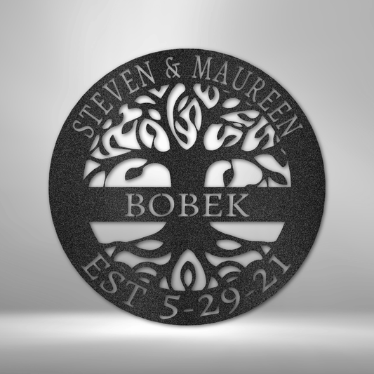 "Customizable Tree of Life metal wall art with three personalized text lines, laser-cut steel, available in multiple sizes"