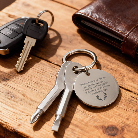 Personalized engraved screwdriver keychain set with flathead and Phillips head tools in silver stainless steel, displayed on wooden table next to car keys and leather wallet - custom multitool gift for men