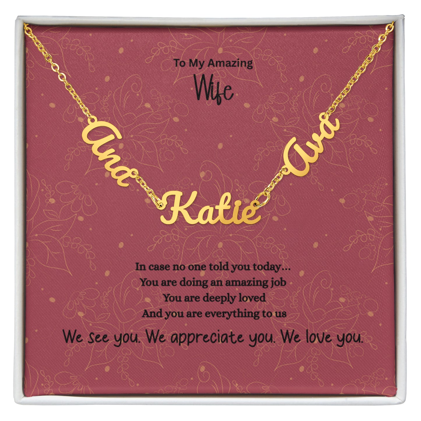 Personalized gold script name necklace with three custom names on adjustable chain displayed in gift box with heartfelt message card for wife or mom