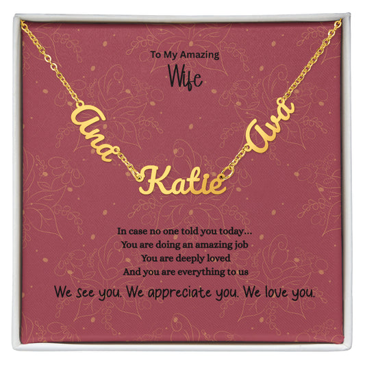 Personalized gold script name necklace with three custom names on adjustable chain displayed in gift box with heartfelt message card for wife or mom
