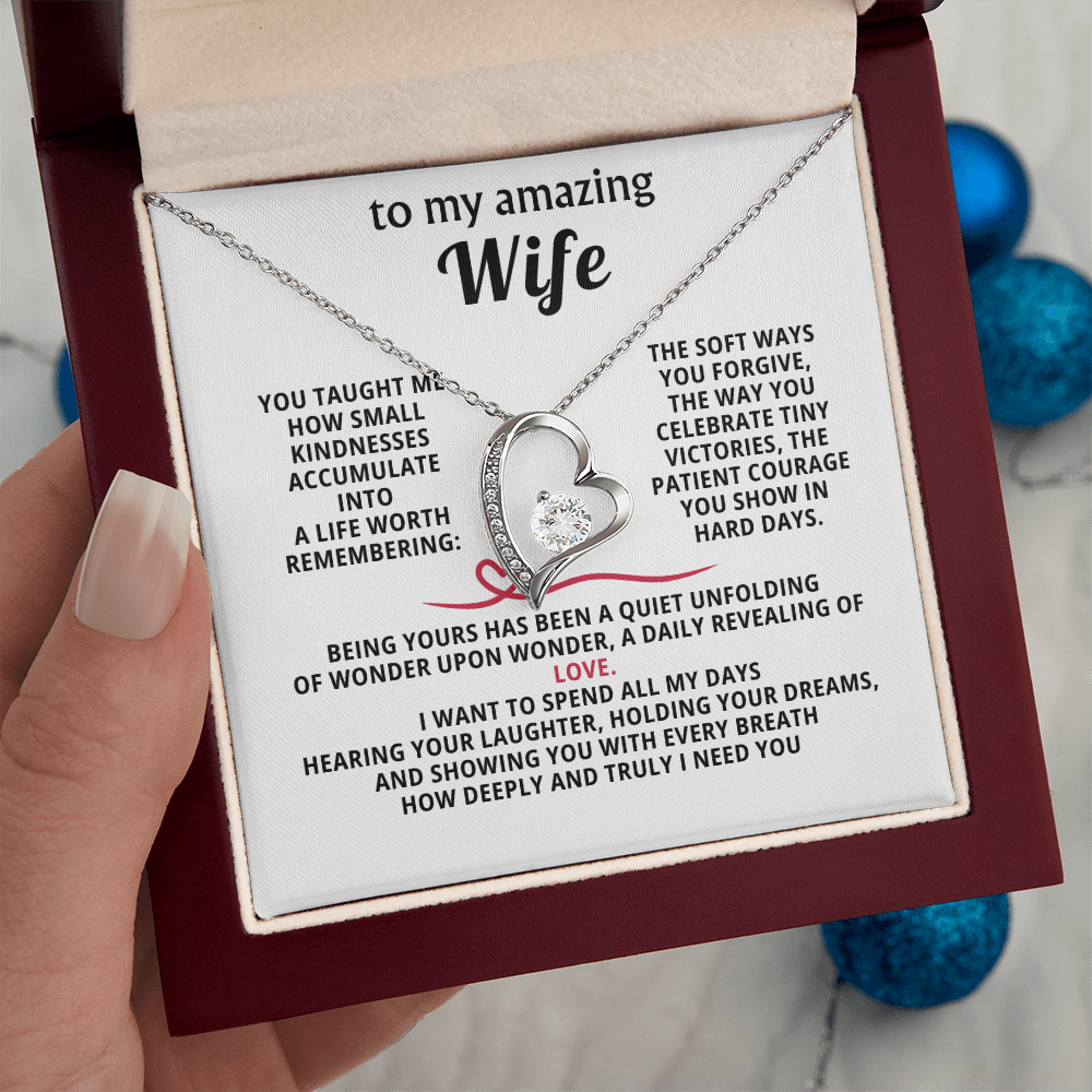 To My Amazing Wife Forever Love Heart Necklace - Romantic Anniversary Birthday Gift for Wife from Husband - 14K Gold CZ Crystal Pendant - Valentine's Day Christmas Gift with Infinity Message Card