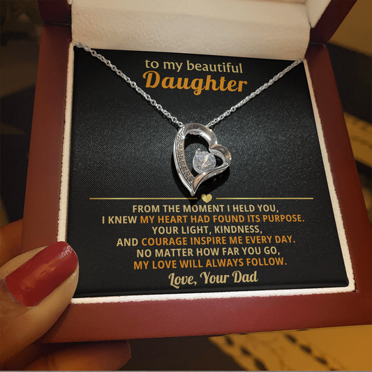 Forever Love Necklace gift from dad to daughter with heartfelt message card, featuring cubic zirconia heart pendant in 14k white gold finish, displayed in elegant gift box.