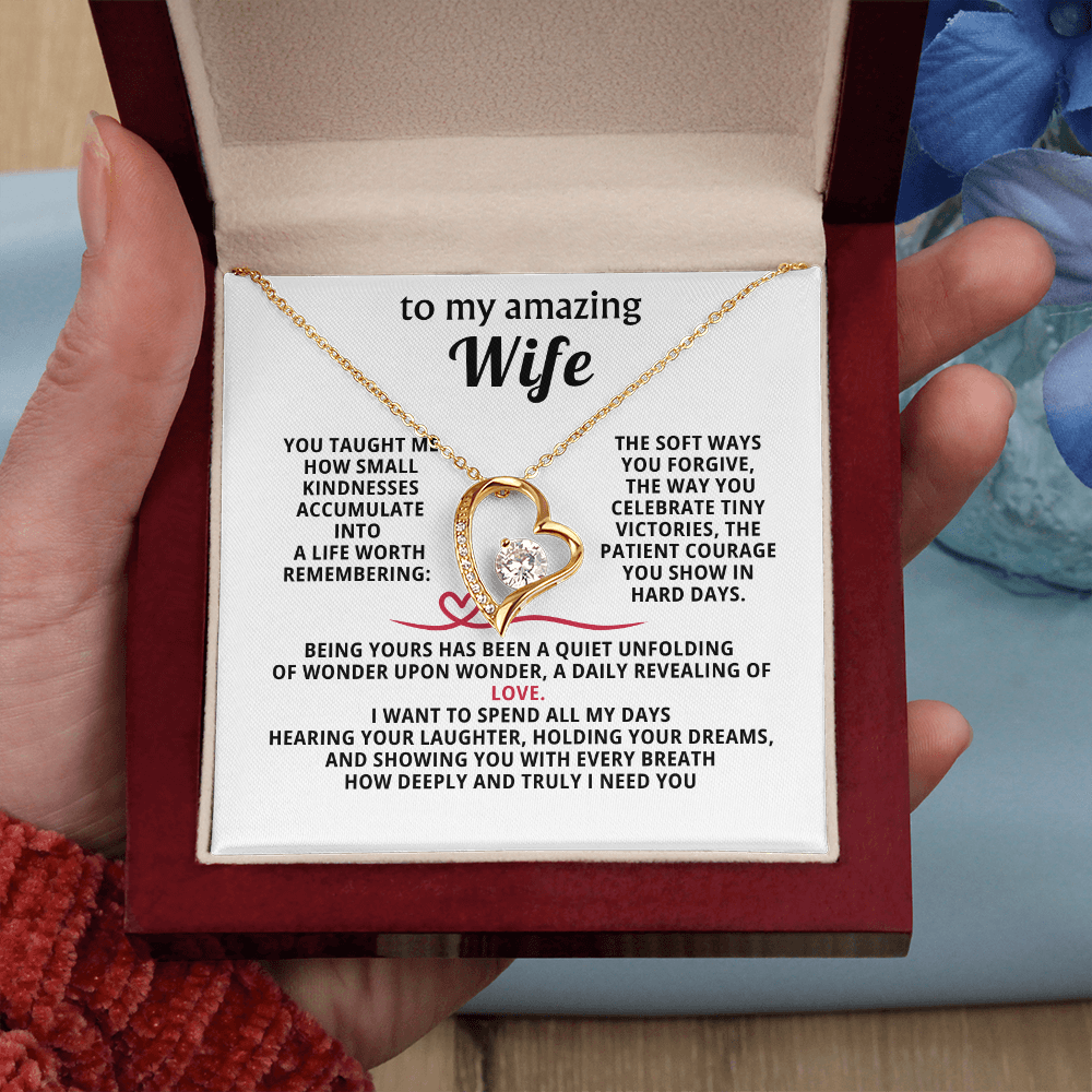 To My Amazing Wife Forever Love Heart Necklace - Romantic Anniversary Birthday Gift for Wife from Husband - 14K Gold CZ Crystal Pendant - Valentine's Day Christmas Gift with Infinity Message Card
