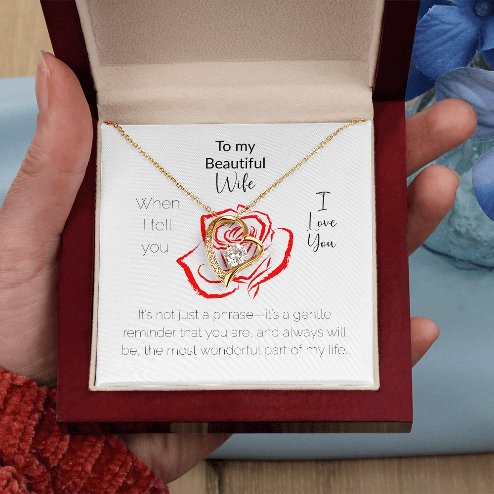 "Forever Love Necklace with cubic zirconia heart pendant on a message card reading ‘To My Beautiful Wife, When I tell you I love you, it’s a gentle reminder that you are the most wonderful part of my life.’ Gift box with optional mahogany luxury box and LED spotlight."
