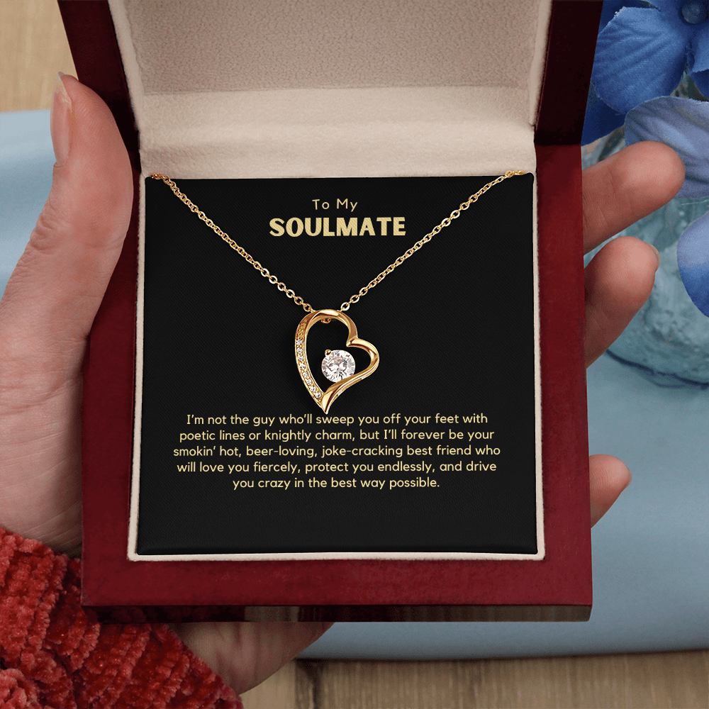 Elegant Forever Love Necklace with heart-shaped pendant, featuring a dazzling 6.5mm cubic zirconia stone, available in 14k white gold or 18k yellow gold finish. The perfect romantic gift for a wife from her husband, featuring a funny yet heartfelt love message. Comes in a gift-ready box with an optional mahogany luxury box with LED light.