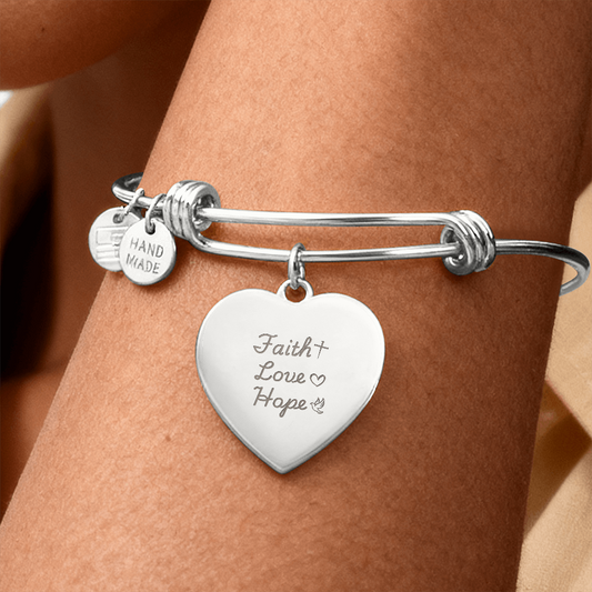 Engraved Luxury Heart Bangle Bracelet – Personalized Faith, Love &; Hope Jewelry Gift