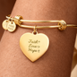Personalized engraved heart bangle bracelet in gold with Faith Love Hope charm on adjustable stainless steel bracelet