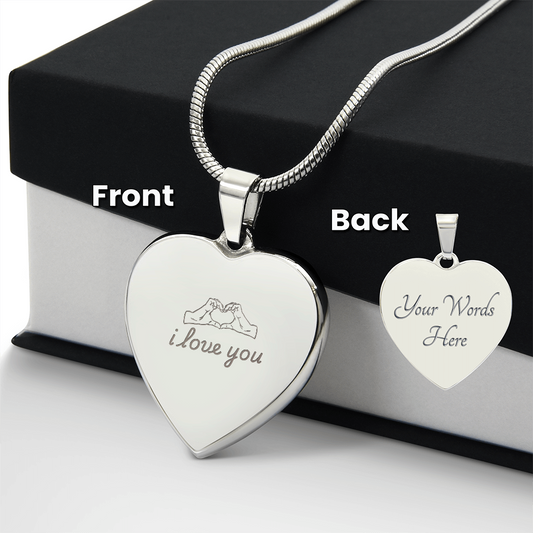 I Love You Heart Hands Engraved Heart Necklace | Custom Personalized Pendant