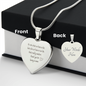  Personalized heart-shaped pendant necklace in polished stainless steel with custom engraving, displayed on snake chain with gift box showing front and back customization options