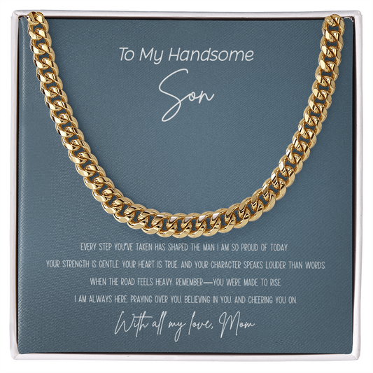 To my son Cuban link chain necklace from mom with inspirational message card in gold and stainless steel