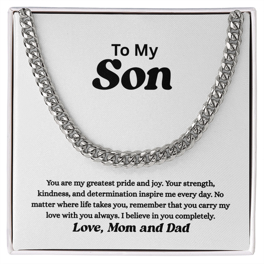 To My Son – Gold Cuban Link Chain with Heartfelt Message from Mom and Dad