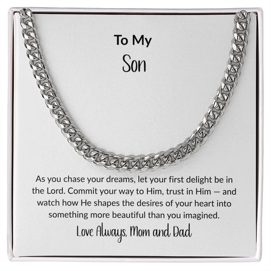 Christian Cuban link chain necklace for son with inspirational faith message card from Mom and Dad in polished stainless steel gift box.