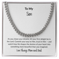 Christian Cuban link chain necklace for son with inspirational faith message card from Mom and Dad in polished stainless steel gift box.