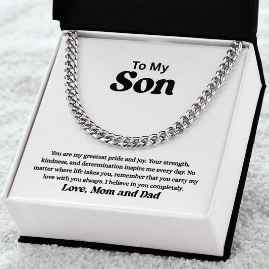 To My Son – Gold Cuban Link Chain with Heartfelt Message from Mom and Dad