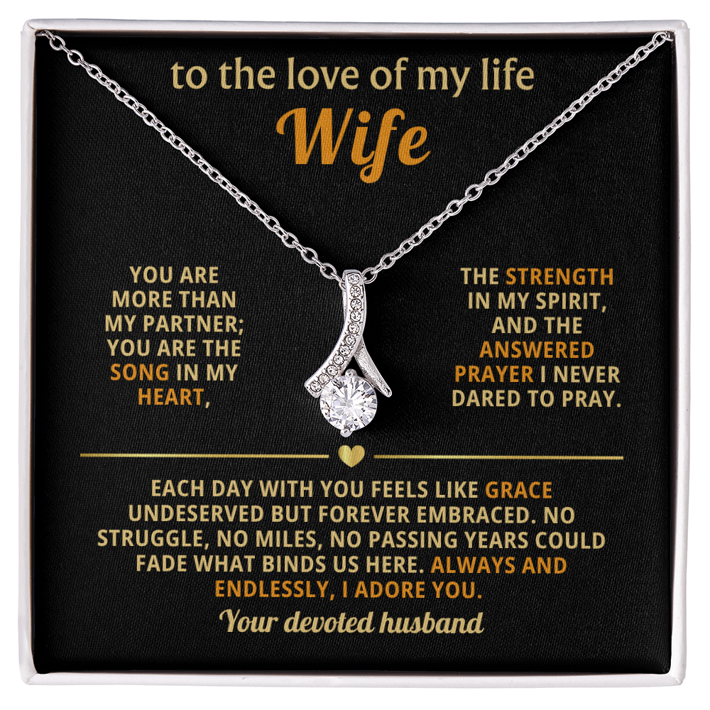 "Alluring Beauty ribbon pendant necklace with cubic zirconia in gift box – white gold over stainless steel – romantic gift for wife"