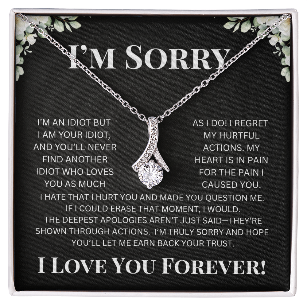 "Apology necklace in soft-touch gift box with optional mahogany luxury box and LED spotlight, perfect sorry gift for her"