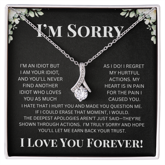 "Apology necklace in soft-touch gift box with optional mahogany luxury box and LED spotlight, perfect sorry gift for her"