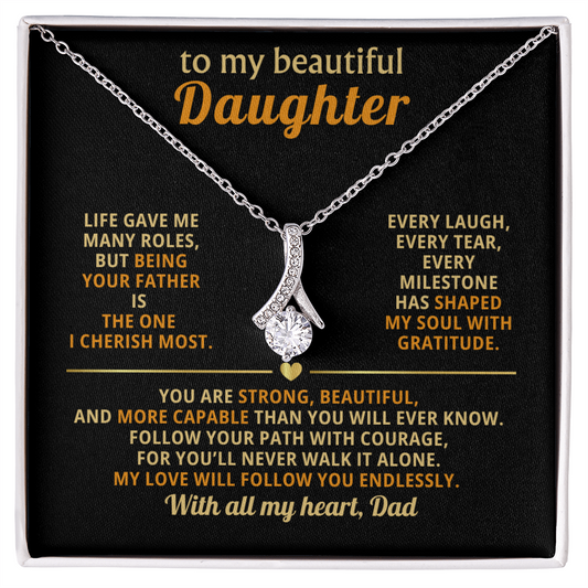 To My Beautiful Daughter Necklace from Dad – Alluring Beauty pendant in 14k white gold finish with sparkling cubic zirconia stone and heartfelt message card