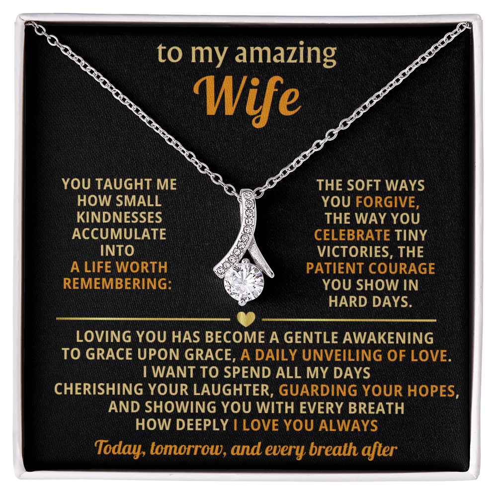 "To My Amazing Wife Alluring Beauty Ribbon Necklace - 14K White Gold Finish with 7mm Cubic Zirconia and Sentimental Message Card - Romantic Anniversary Birthday Valentine's Day Gift for Wife from Husband"