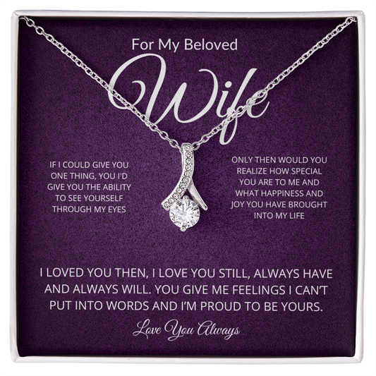 Alluring Beauty necklace for wife with ribbon pendant and cubic zirconia, available in 14k white gold or 18k yellow gold finish