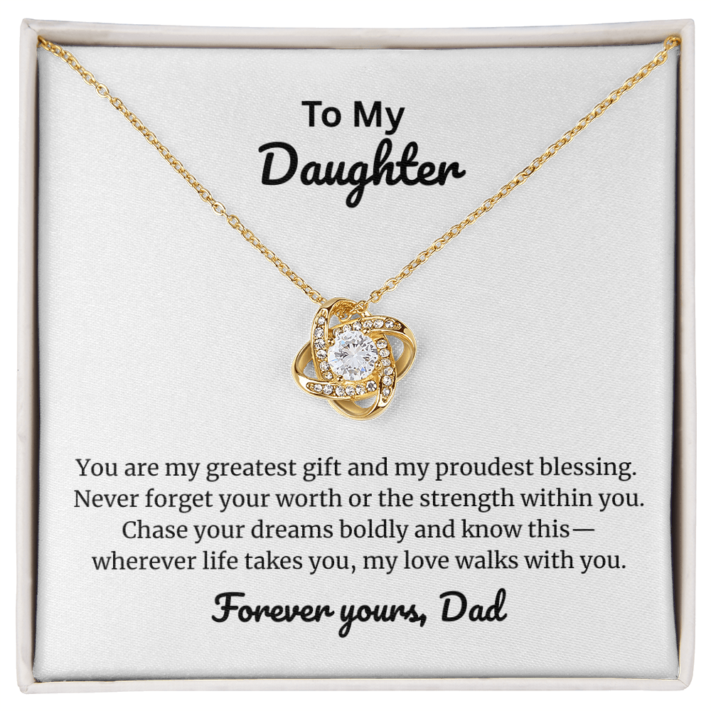 To my daughter love knot necklace from dad featuring a cubic zirconia heart pendant in gold with sentimental message card