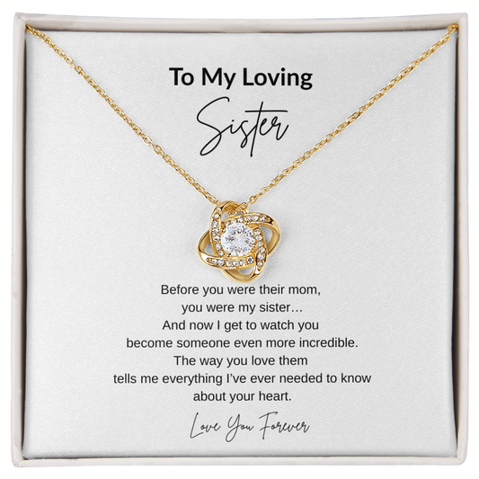 Love Knot Necklace for Sister from Sister, sentimental gift for new mom, cubic zirconia pendant jewelry, meaningful motherhood necklace gift
