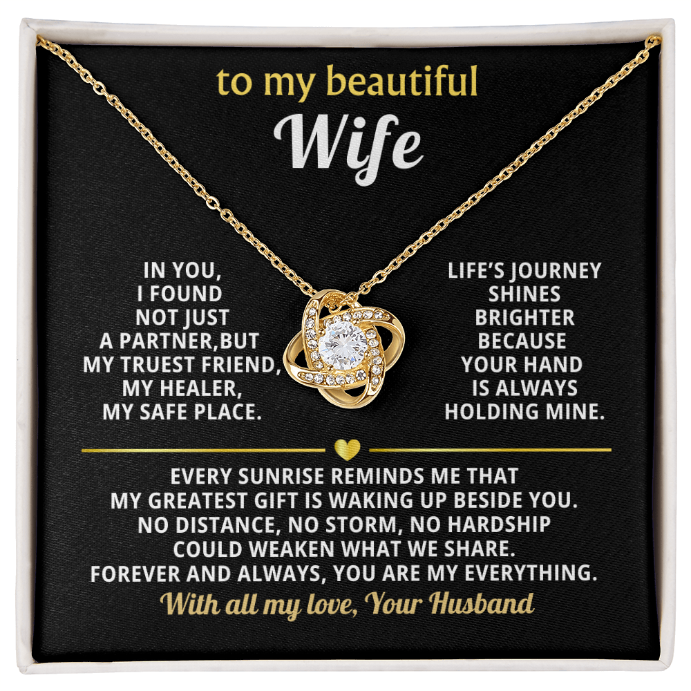 Premium Love Knot Necklace for Wife - 14K Gold Plated Anniversary Gift with CZ Crystals - Romantic Jewelry for Women-White Text