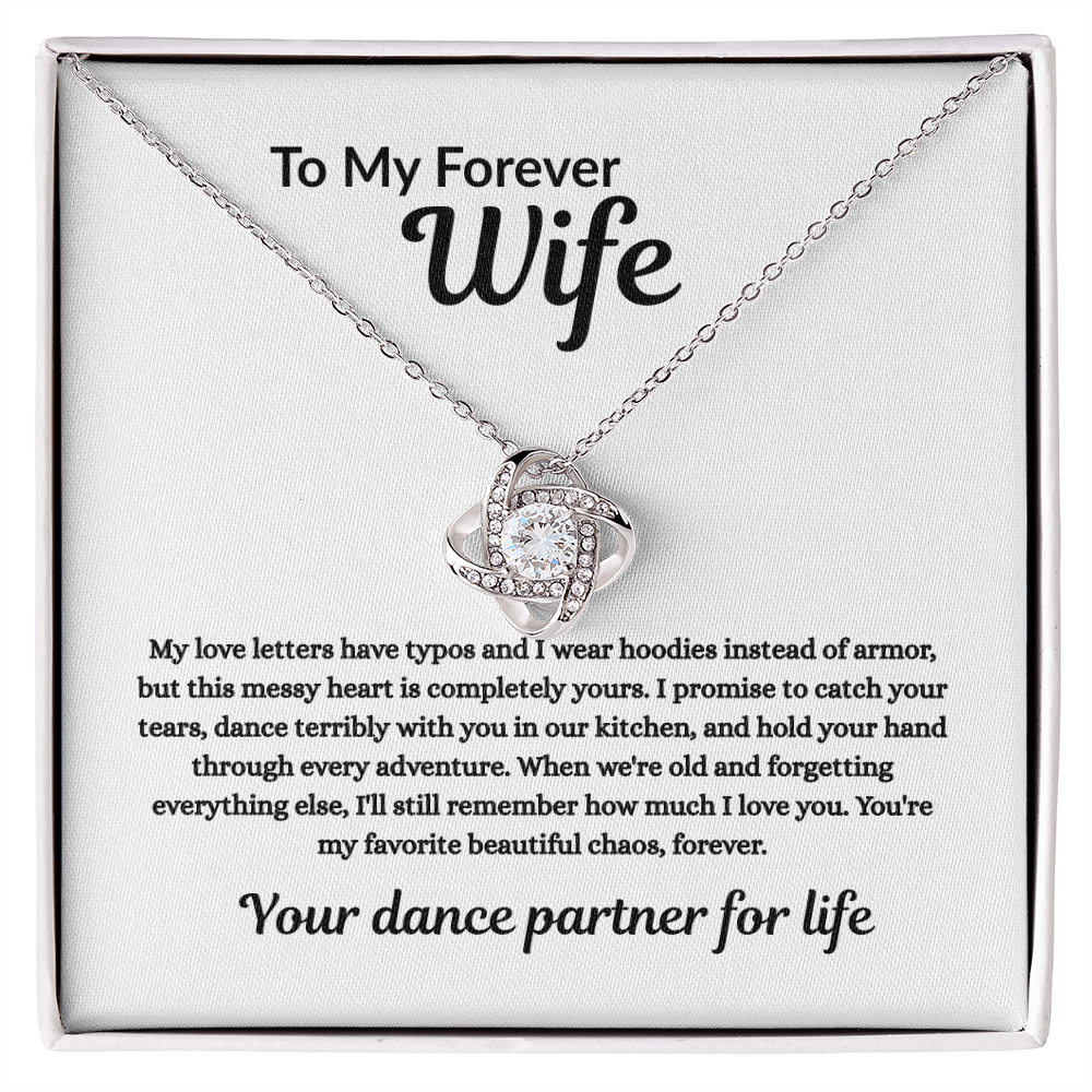 Gift your wife a Love Knot Necklace with heartfelt message. A symbol of forever love with sparkling cubic zirconia. Perfect for birthdays, anniversaries &amp; more