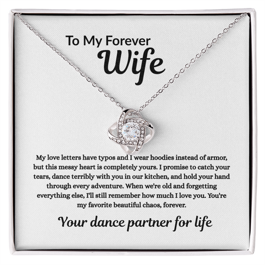 Gift your wife a Love Knot Necklace with heartfelt message. A symbol of forever love with sparkling cubic zirconia. Perfect for birthdays, anniversaries &amp; more