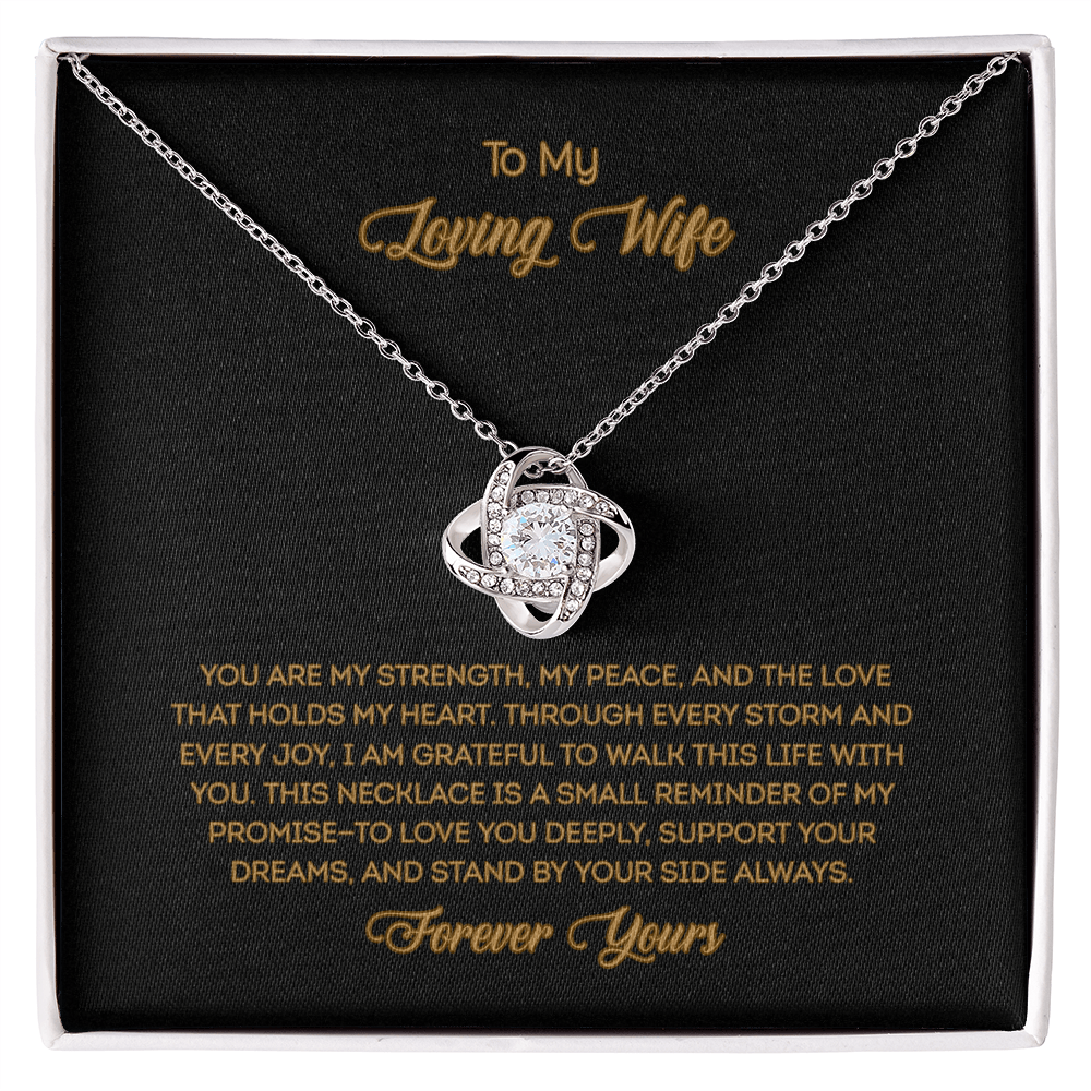 Love Knot Necklace for wife featuring cubic zirconia crystal in white gold with romantic message card, anniversary gift jewelry