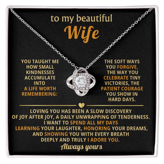 "To My Beautiful Wife Love Knot Necklace - 14K White Gold over Stainless Steel with Cubic Zirconia Stone and Sentimental Message Card - Anniversary Valentine's Day Birthday Gift for Wife from Husband"