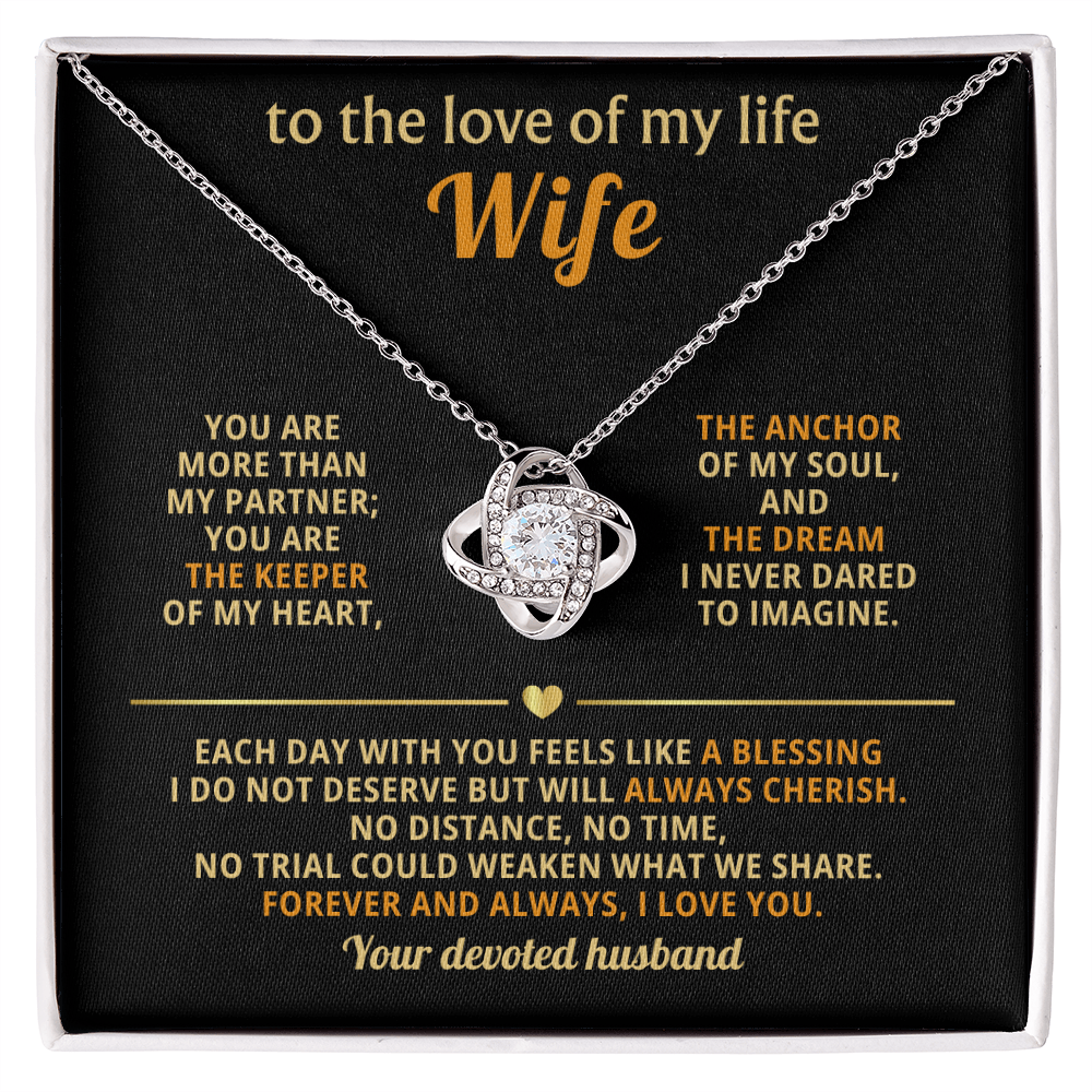 Love Knot Necklace for Wife with cubic zirconia pendant in gift box – 14k white gold over stainless steel – romantic gift for wife