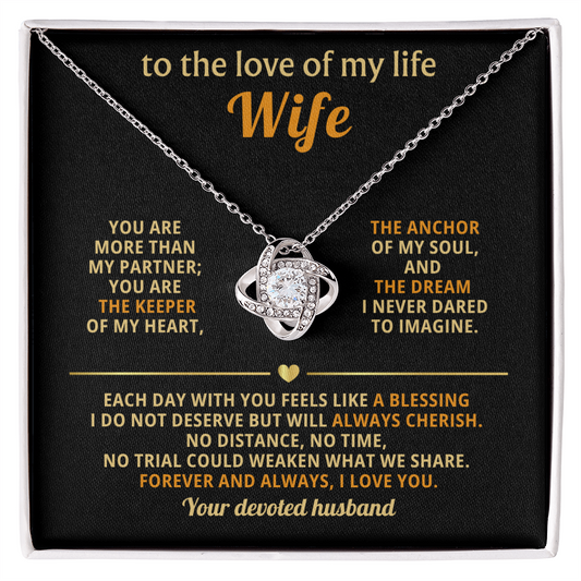 Love Knot Necklace for Wife with cubic zirconia pendant in gift box – 14k white gold over stainless steel – romantic gift for wife