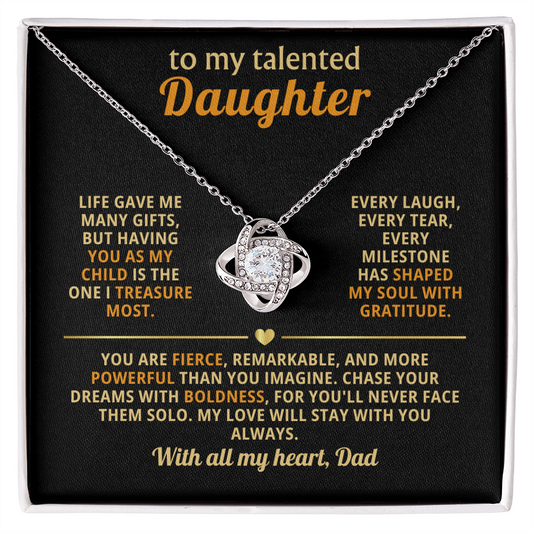 To My Talented Daughter Love Knot Necklace from Dad – elegant 14k white gold pendant with cubic zirconia stone and heartfelt message card expressing love, pride, and encouragement