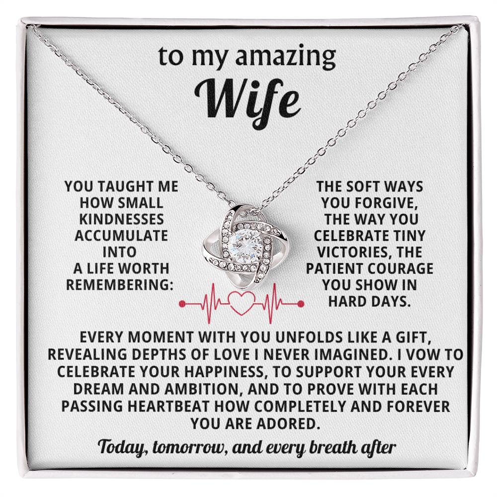"To My Amazing Wife Love Knot Necklace - 14K White Gold over Stainless Steel with CZ Crystal and Heartbeat Message Card - Romantic Anniversary Birthday Valentine's Day Christmas Gift for Wife from Husband"