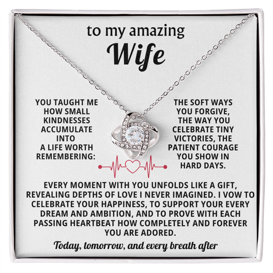 "To My Amazing Wife Love Knot Necklace - 14K White Gold over Stainless Steel with CZ Crystal and Heartbeat Message Card - Romantic Anniversary Birthday Valentine's Day Christmas Gift for Wife from Husband"