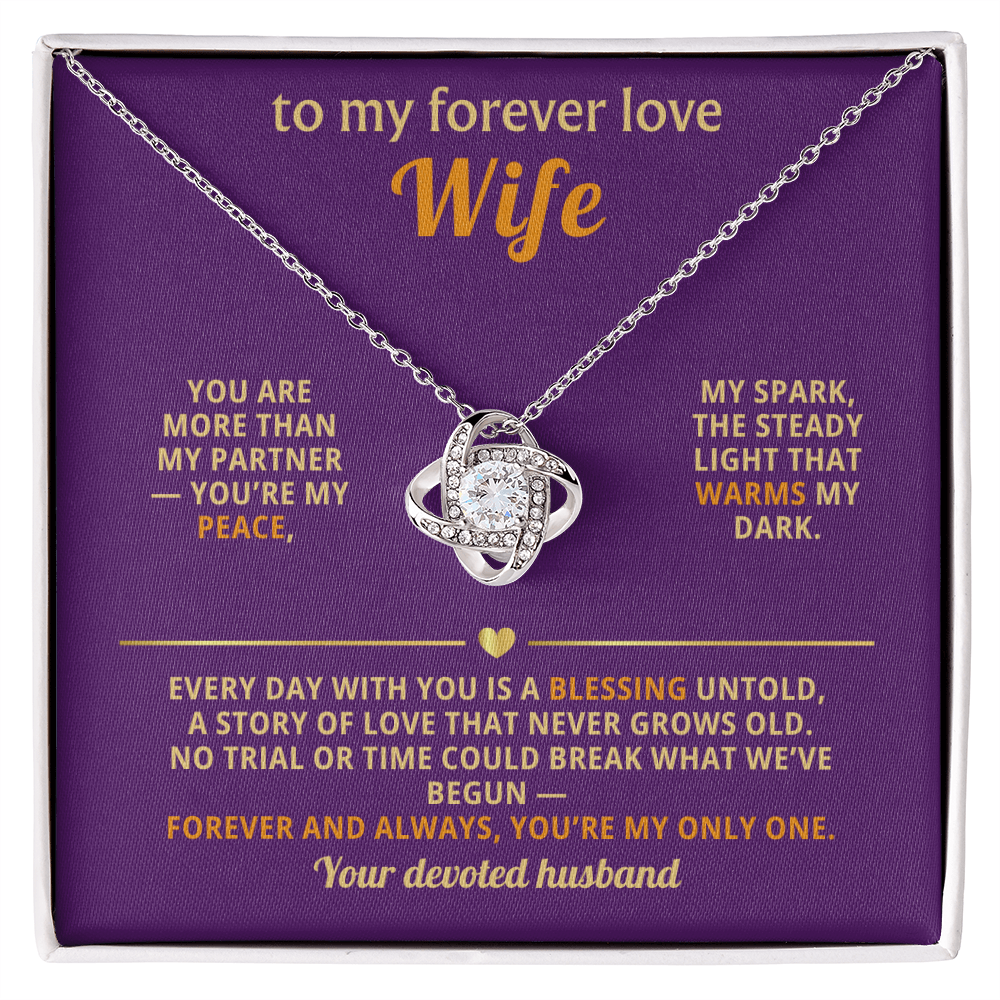 Love Knot Necklace with cubic zirconia crystal displayed in purple gift box with romantic message "to my forever love Wife" - elegant white gold infinity knot pendant jewelry gift from husband