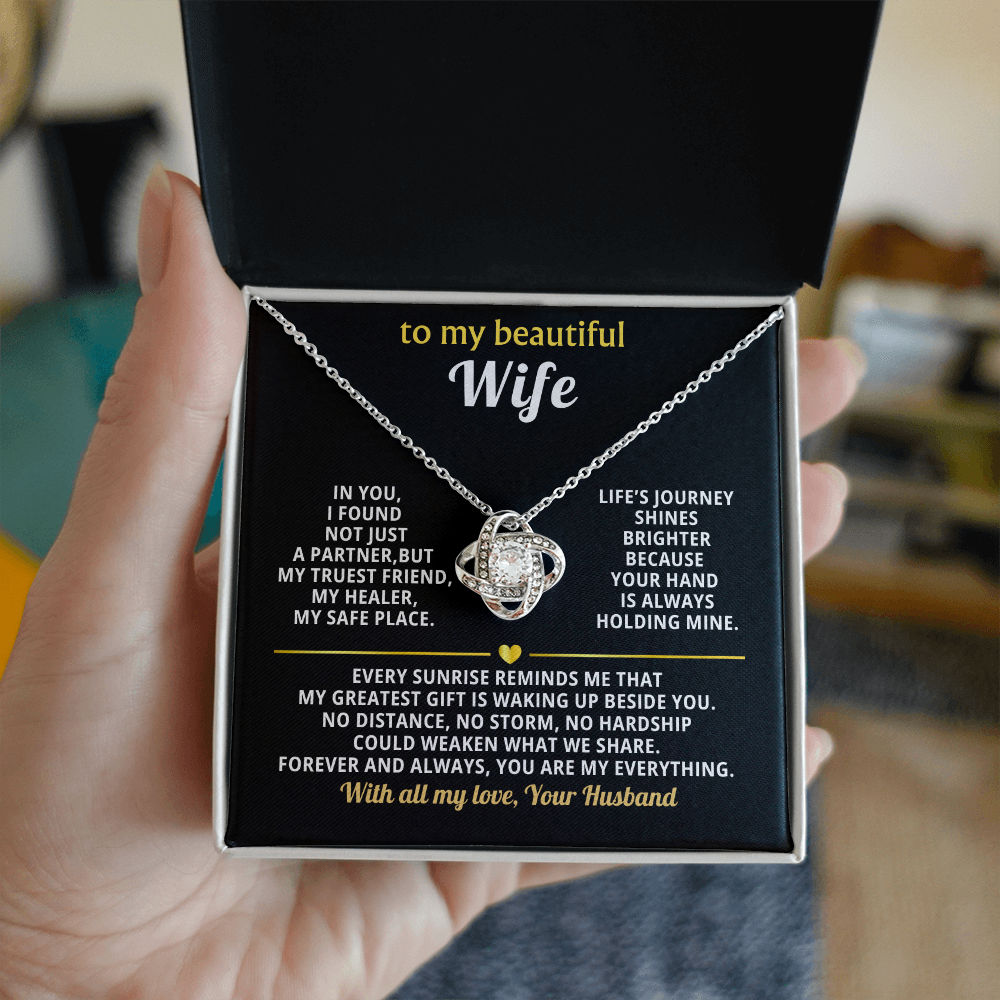 Premium Love Knot Necklace for Wife - 14K Gold Plated Anniversary Gift with CZ Crystals - Romantic Jewelry for Women-White Text