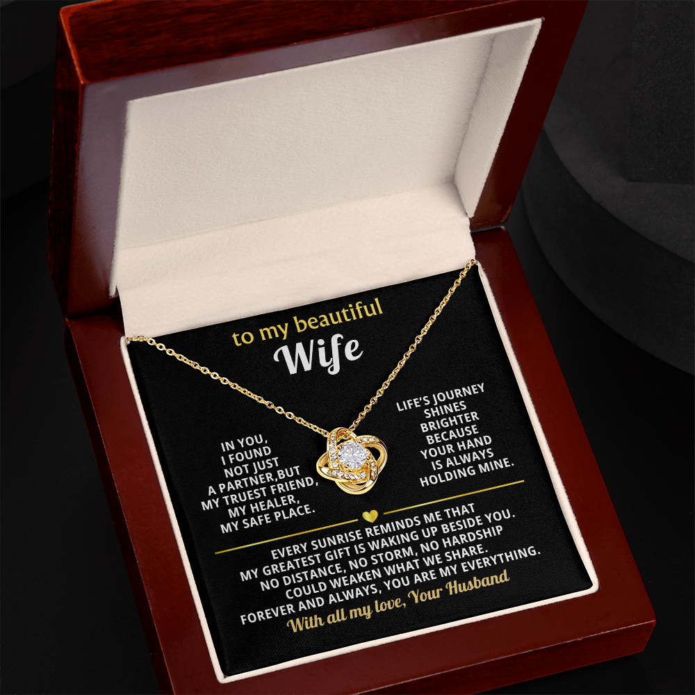 Premium Love Knot Necklace for Wife - 14K Gold Plated Anniversary Gift with CZ Crystals - Romantic Jewelry for Women-White Text