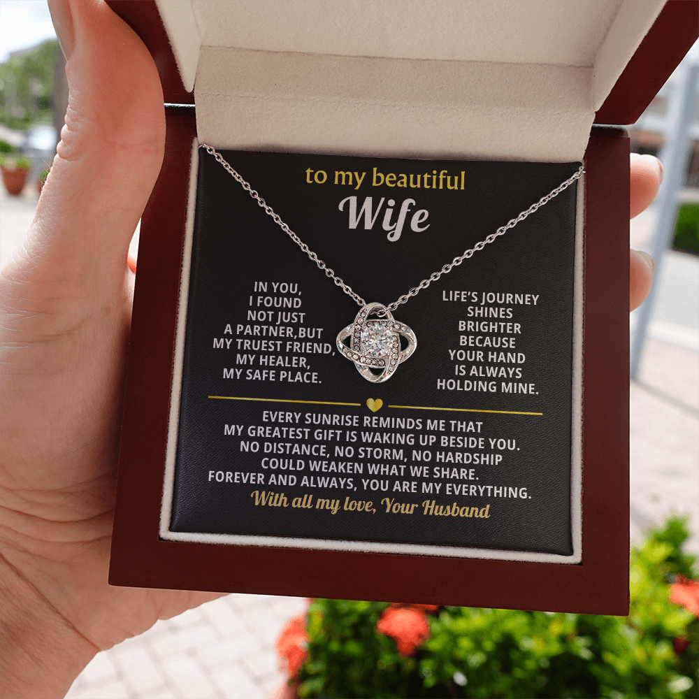 Premium Love Knot Necklace for Wife - 14K Gold Plated Anniversary Gift with CZ Crystals - Romantic Jewelry for Women-White Text