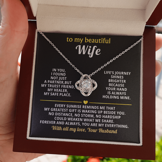 Premium Love Knot Necklace for Wife - 14K Gold Plated Anniversary Gift with CZ Crystals - Romantic Jewelry for Women-White Text