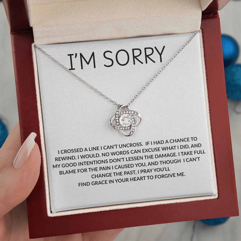 "Love Knot apology necklace in soft-touch gift box with optional mahogany LED box, perfect romantic sorry gift for her"