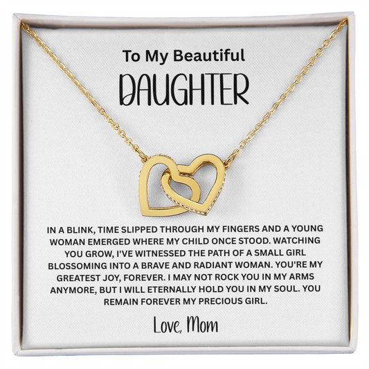 Mom to Daughter Interlocking Hearts Necklace - Two-Tone CZ Crystal Pendant with Sentimental Card Gift