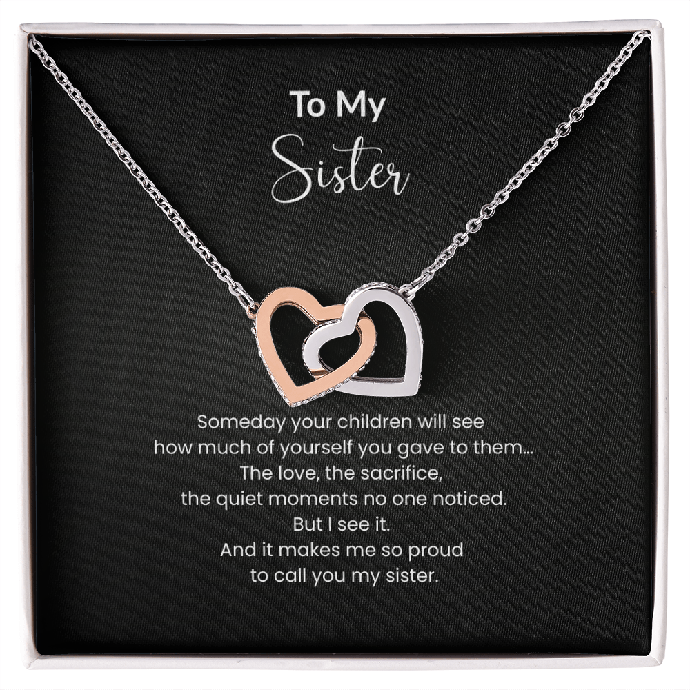 Interlocking hearts sister necklace with cubic zirconia crystals on message card, sentimental gift for sister mom birthday Christmas Mother’s Day jewelry